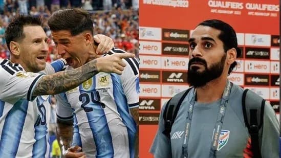 Jugadores de Argentina celebrando y un jugador en conferencia