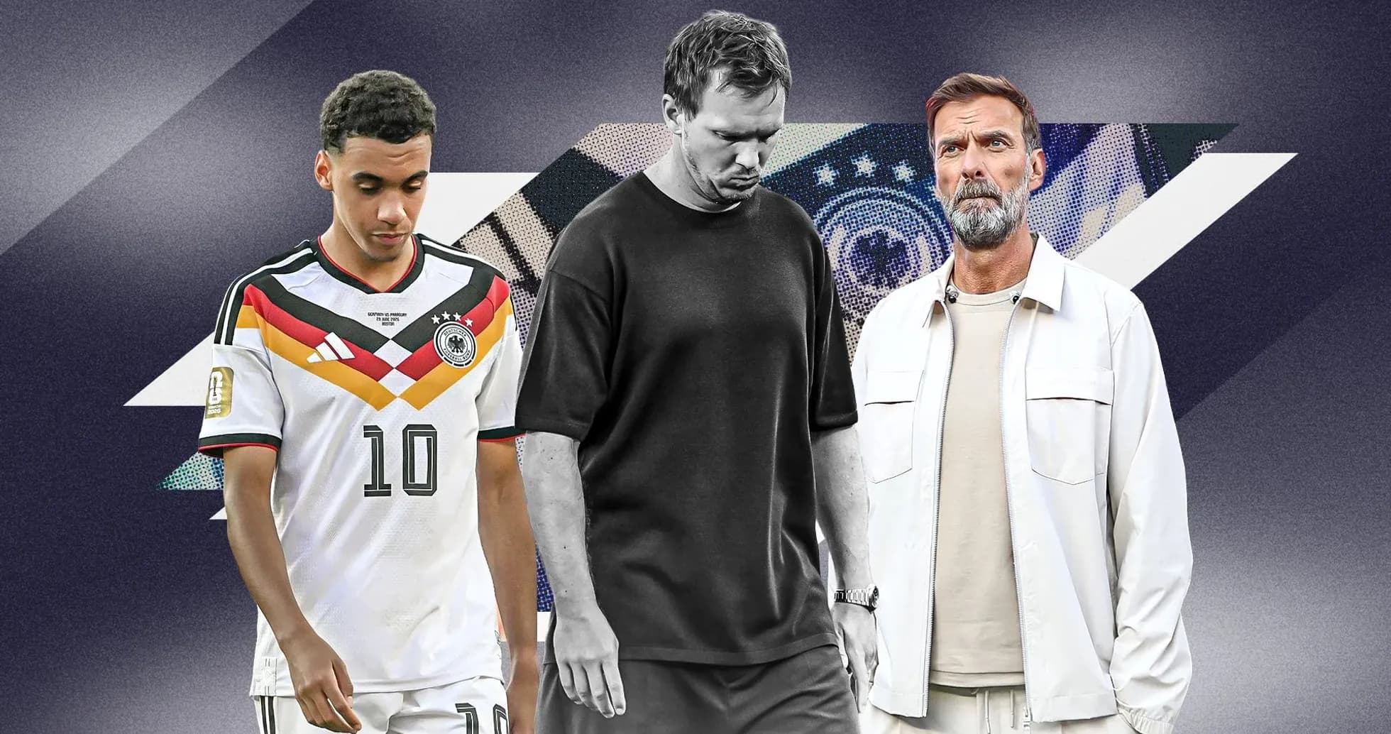 Jugadores y entrenador en un fondo gráfico deportivo