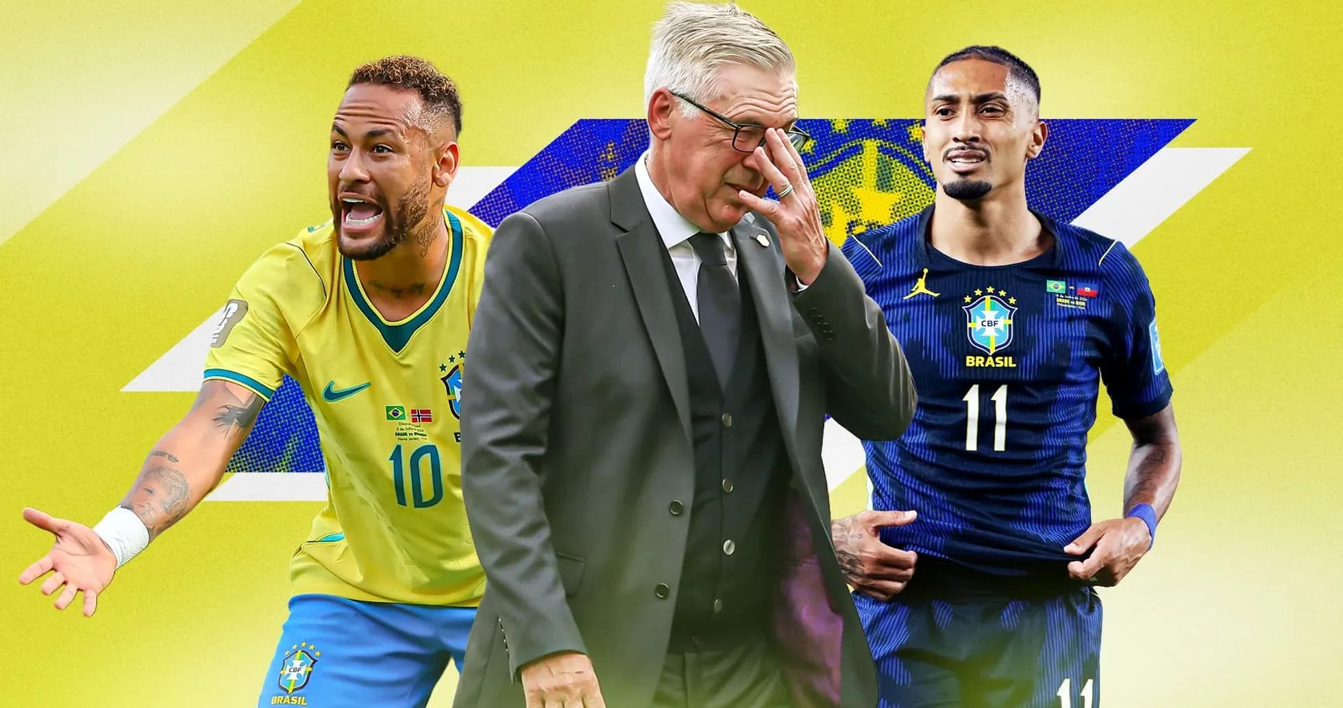 Neymar y jugador brasileño con entrenador en fondo amarillo