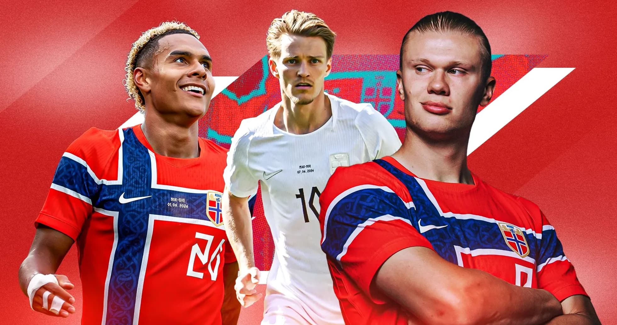 Tres jugadores noruegos posando en camiseta roja