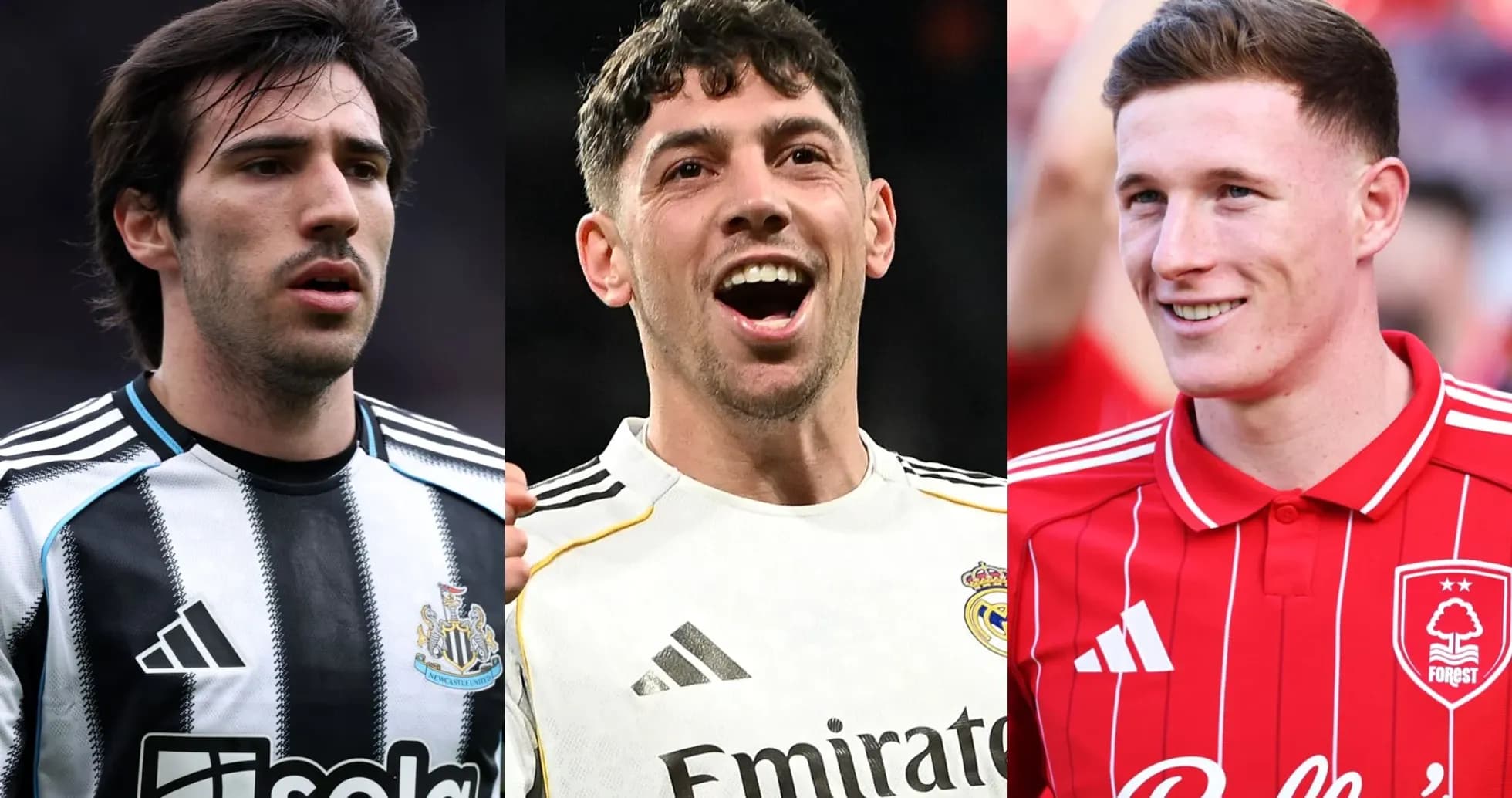 Tres jugadores en sus camisetas de equipo respectivas