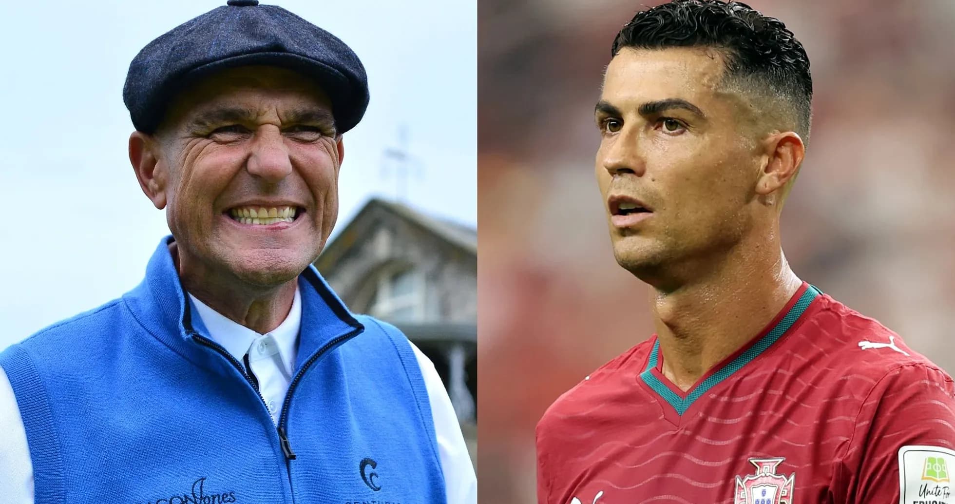 Jugador de golf sonriendo junto a futbolista en partido