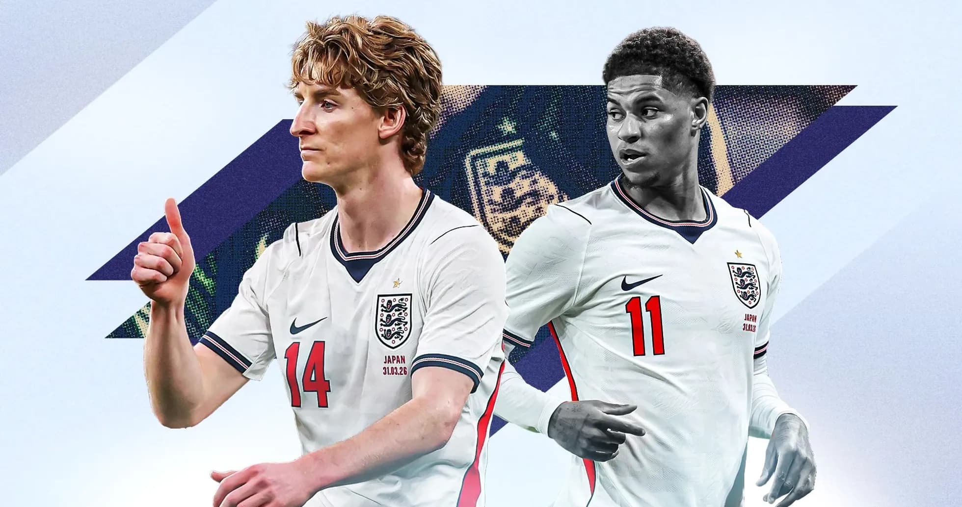 Dos jugadores de Inglaterra posando en uniforme oficial