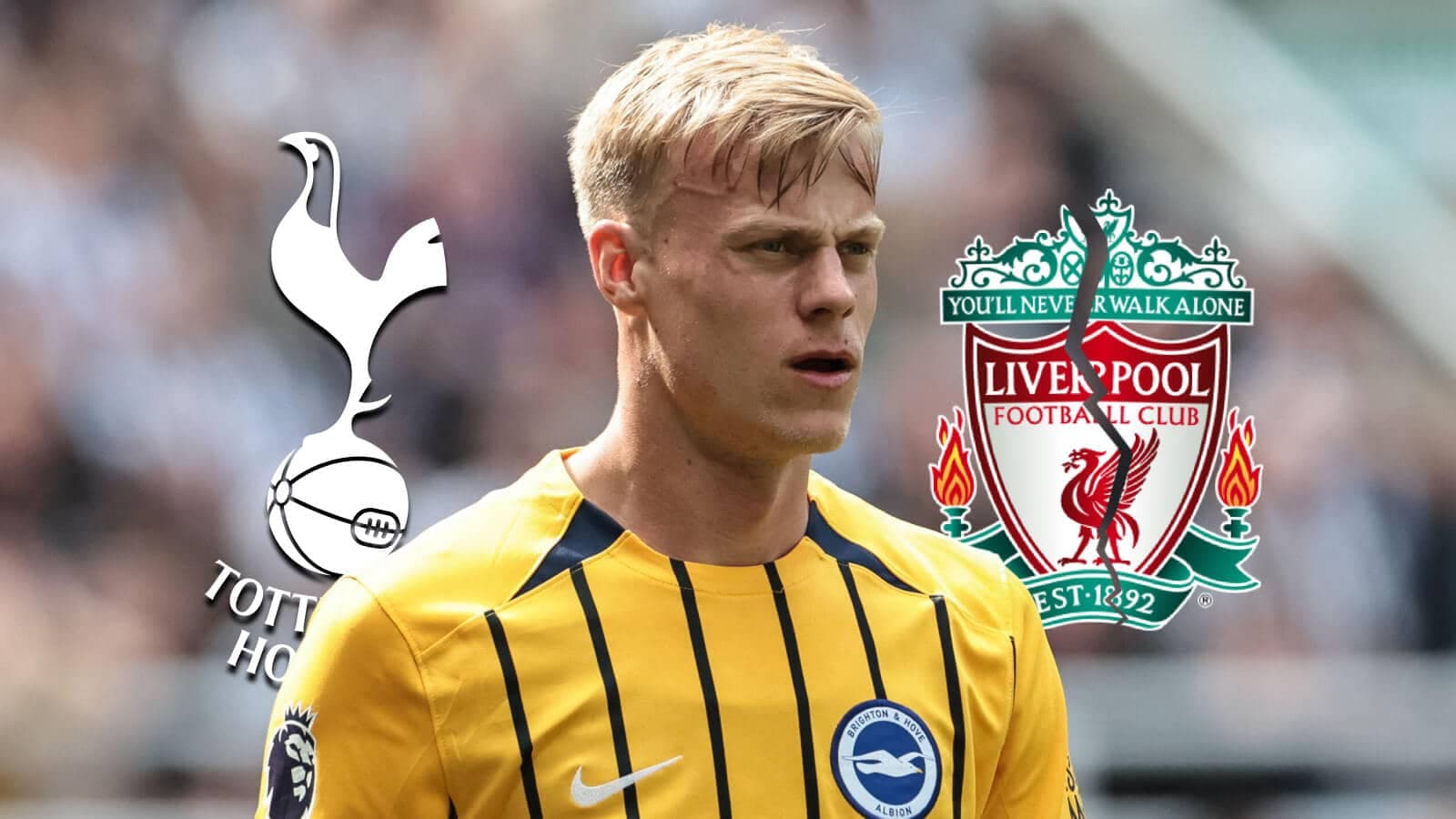 Jugador de Brighton con logos de Tottenham y Liverpool