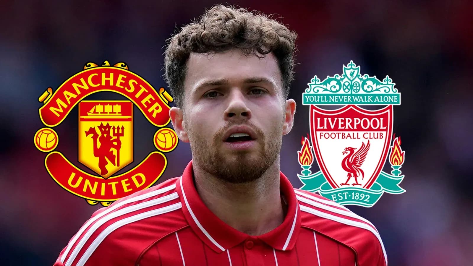 Jugador en primer plano con logos de Manchester United y Liverpool