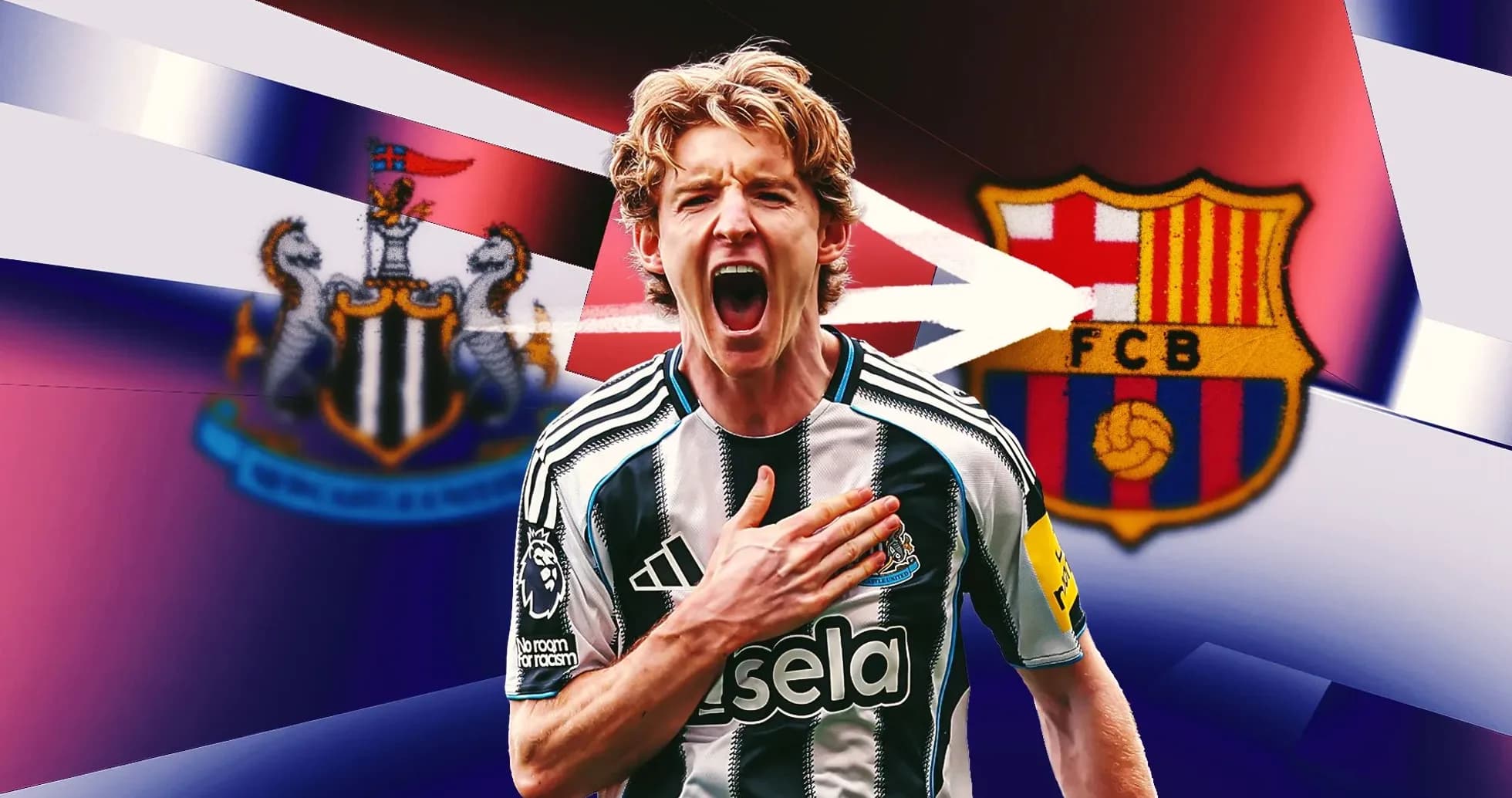 Jugador de Newcastle celebrando con el escudo de Barcelona