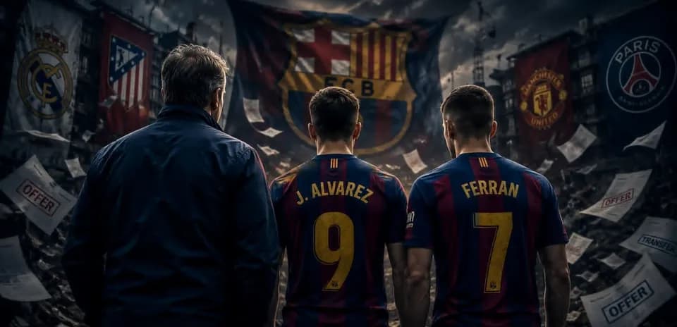 Jugadores de Barcelona con camisetas frente a banderas