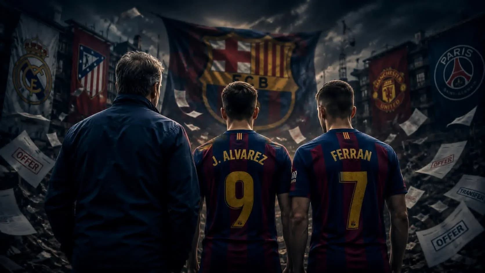 Jugadores de Barcelona con camisetas frente a banderas