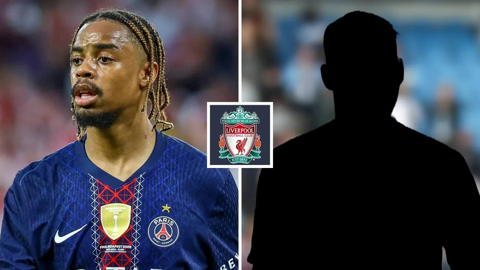Jugador de PSG con logo de Liverpool en fondo