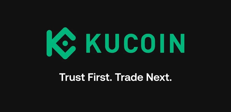 Logotipo de KuCoin con eslogan en fondo negro