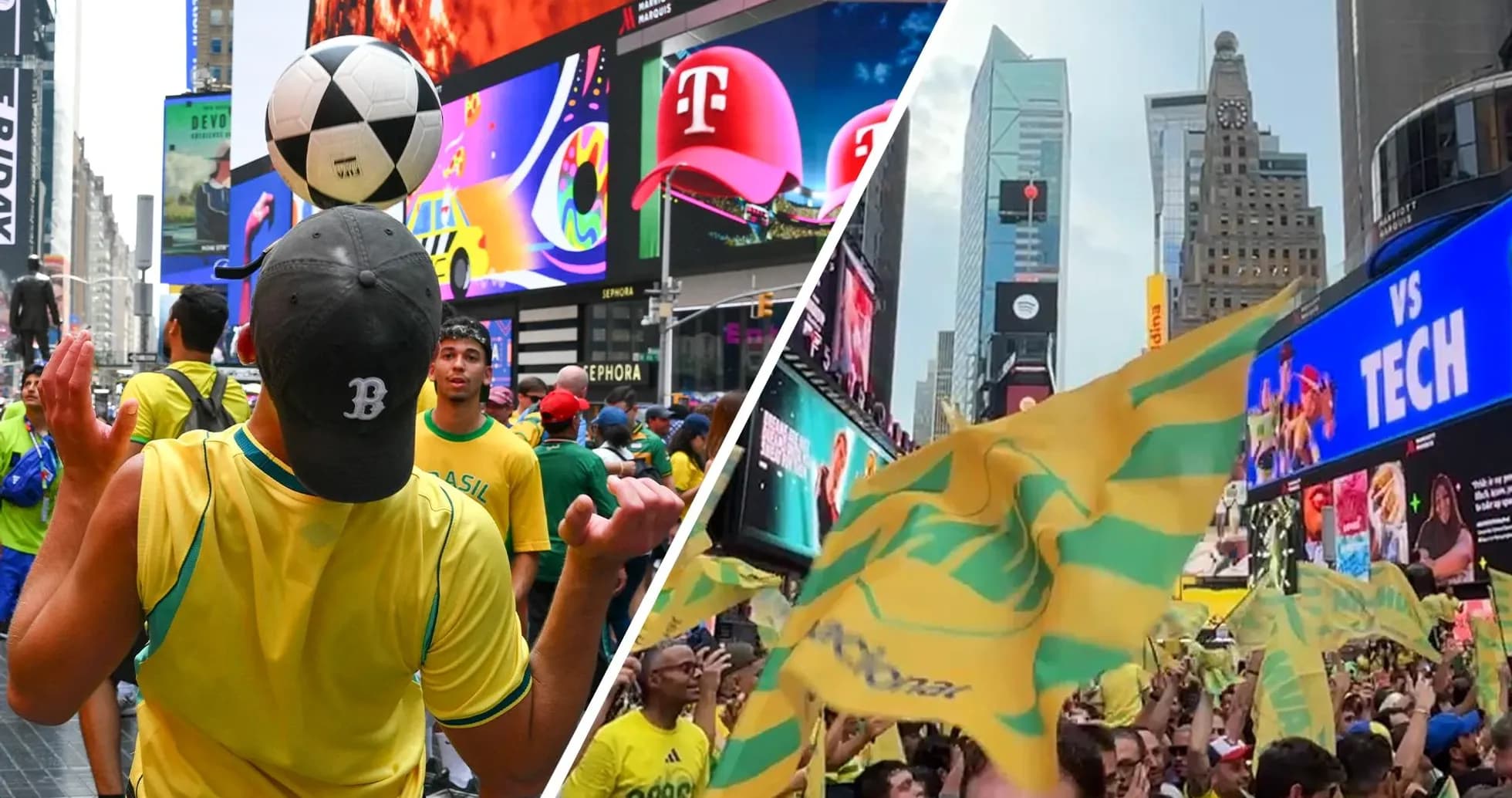 Aficionados de Brasil celebrando en Times Square