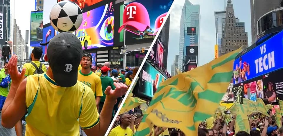 Aficionados de Brasil celebrando en Times Square