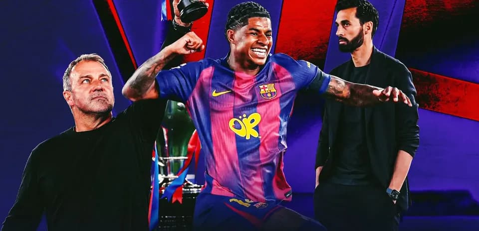 Jugador del Barcelona celebrando con trofeo junto a entrenadores