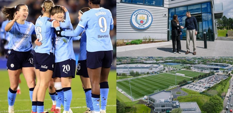 Jugadoras de Manchester City celebrando un gol y sede del club