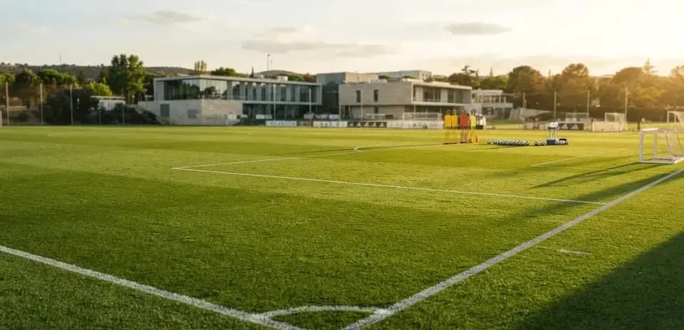 Campo de entrenamiento de fútbol con porterías y pelotas