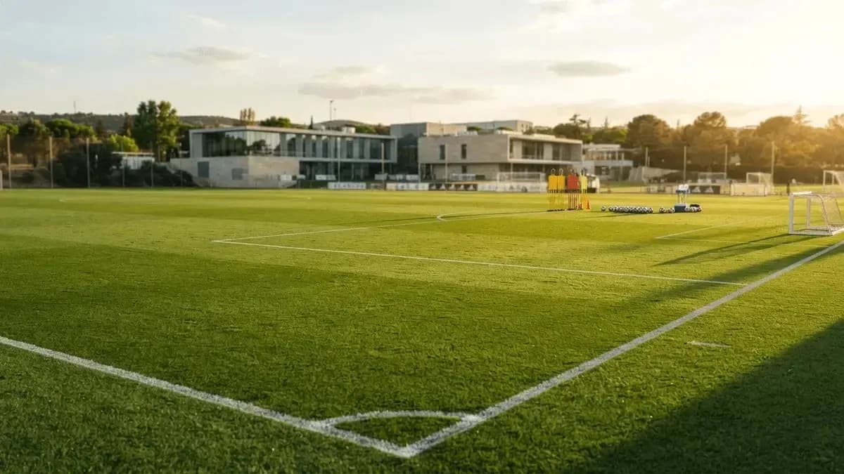 Campo de entrenamiento de fútbol con porterías y pelotas