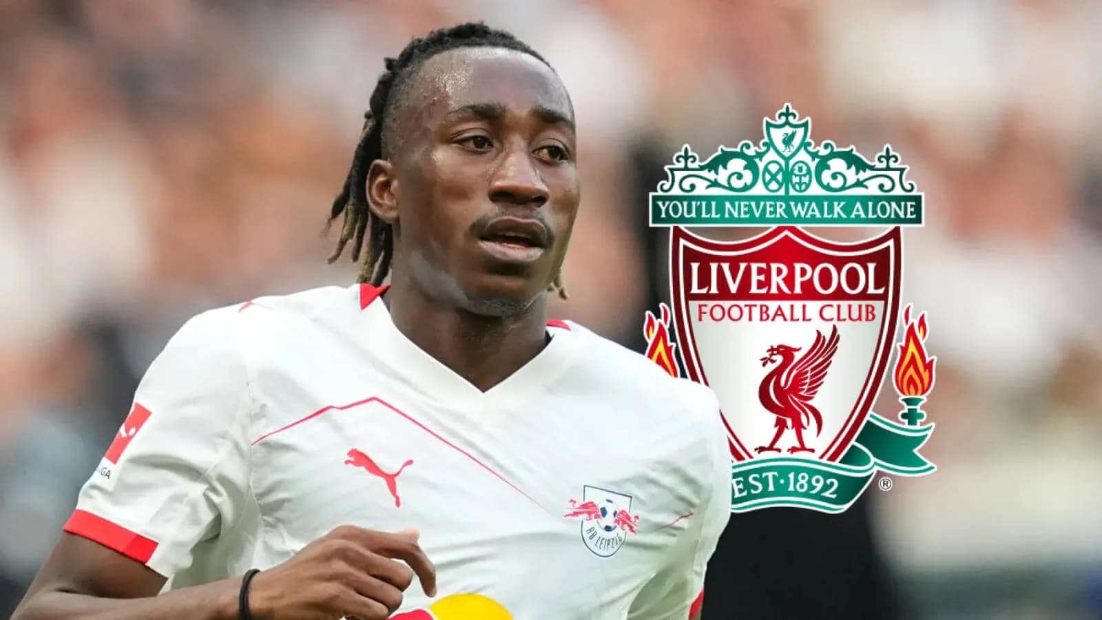 Jugador de RB Leipzig corriendo con logo de Liverpool