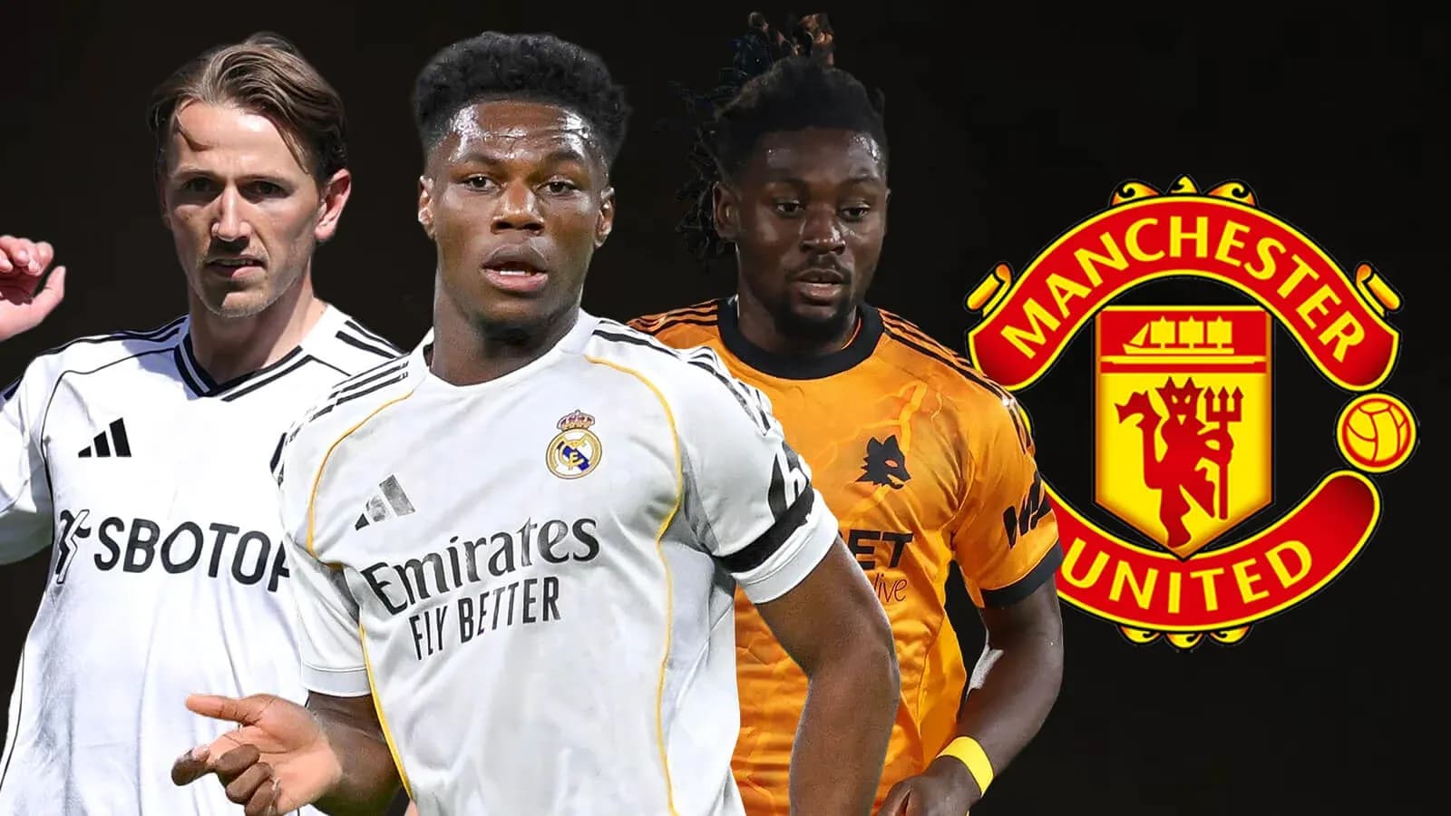 Jugadores de fútbol frente al logo de Manchester United