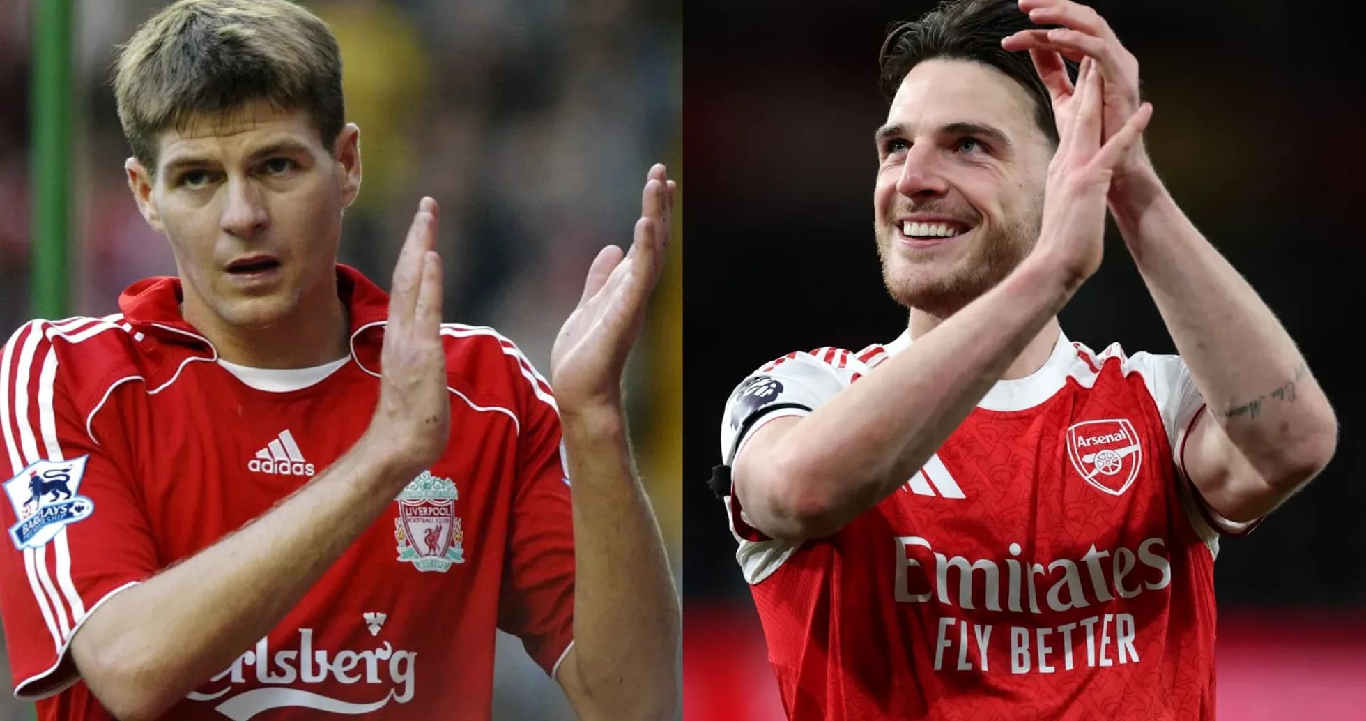 Jugadores aplaudiendo, uno con camiseta de Liverpool y otro de Arsenal