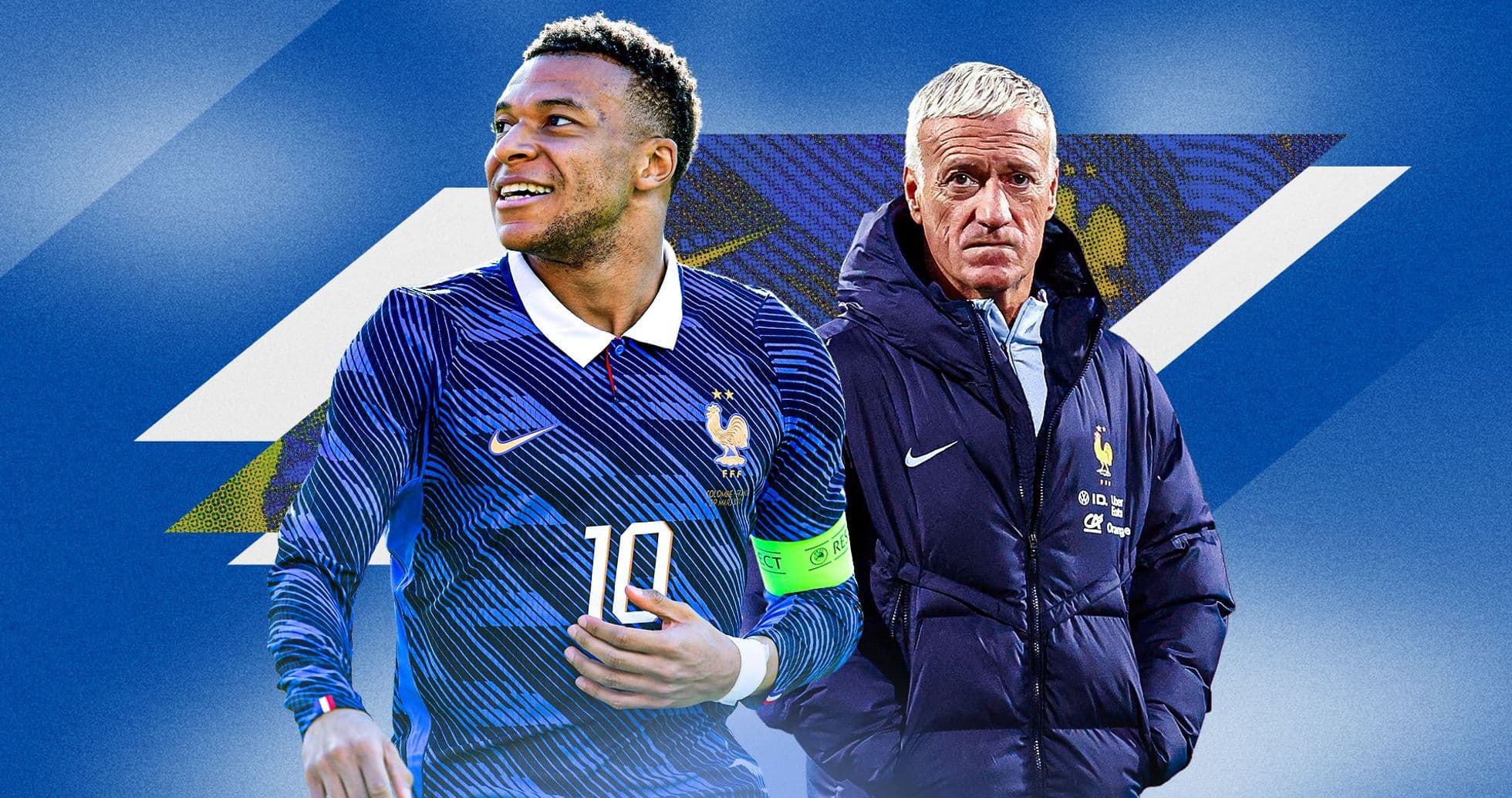 Kylian Mbappé y Didier Deschamps con fondo azul Kylian Mbappé y Didier Deschamps con fondo azul