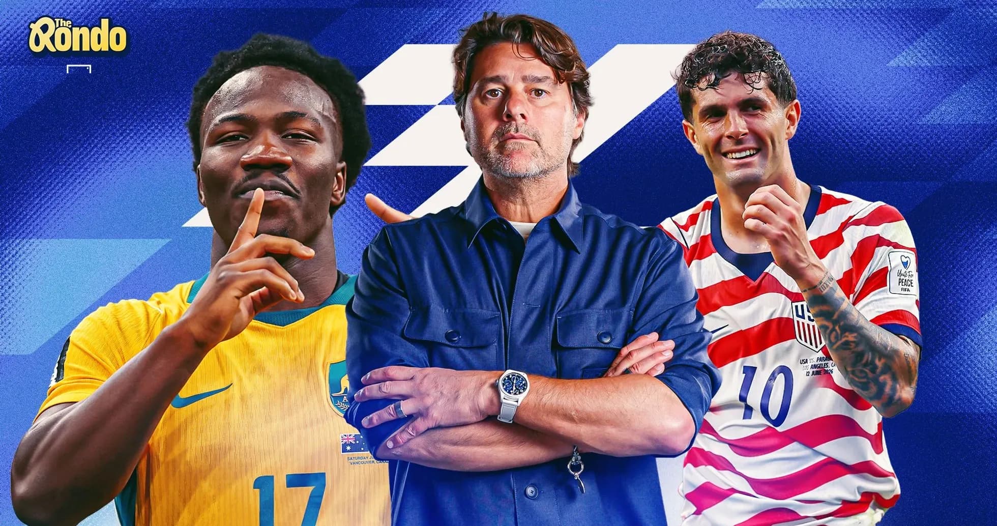 Jugadores y entrenador de fútbol en fondo colorido Jugadores y entrenador de fútbol en fondo colorido