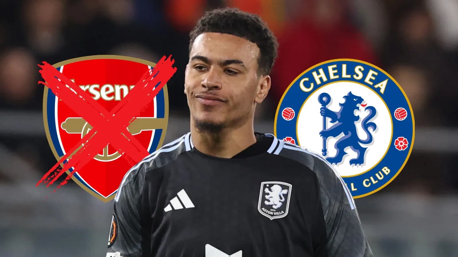 Jugador en portería con logos de Arsenal y Chelsea Jugador en portería con logos de Arsenal y Chelsea