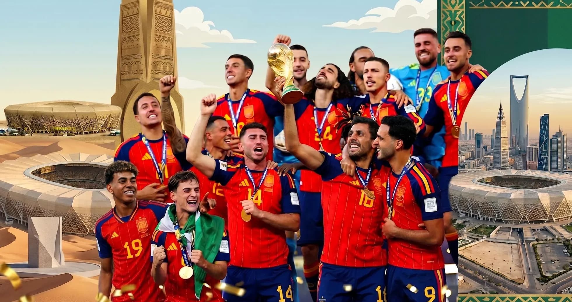 Equipo de España celebrando la victoria con trofeo Equipo de España celebrando la victoria con trofeo