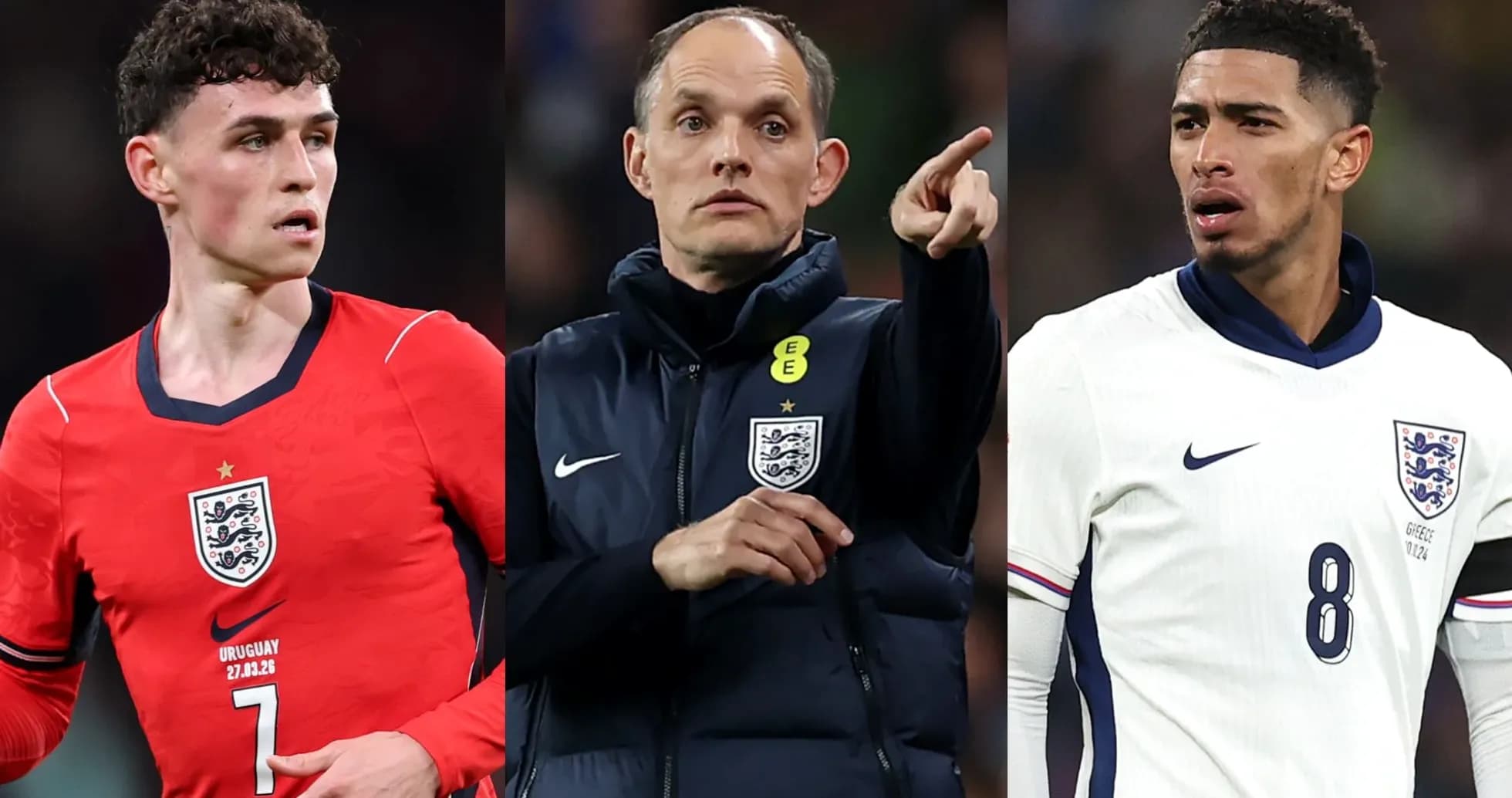 Tres jugadores de Inglaterra en un partido de fútbol Tres jugadores de Inglaterra en un partido de fútbol