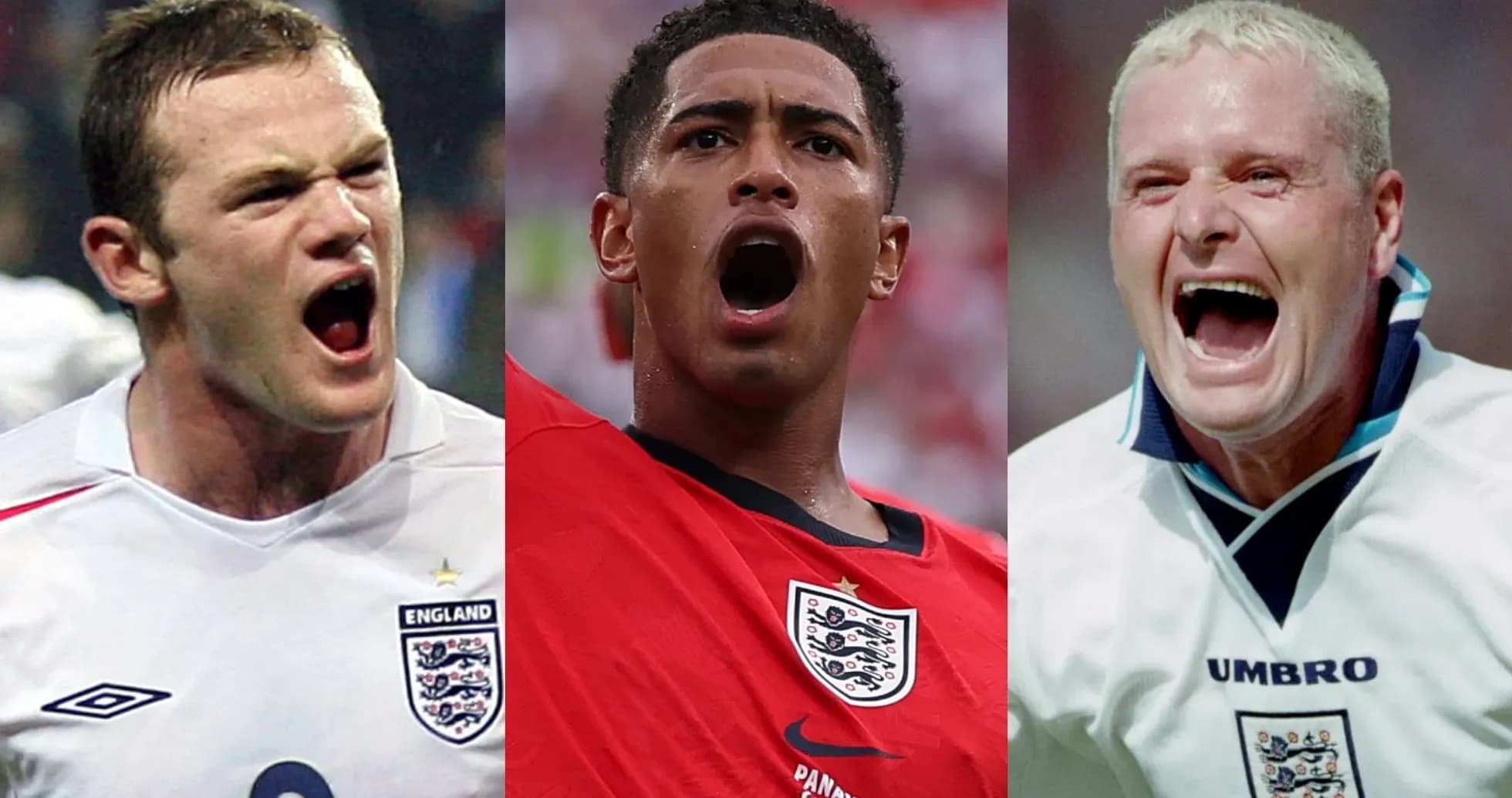 Tres futbolistas ingleses gritando durante un partido Tres futbolistas ingleses gritando durante un partido