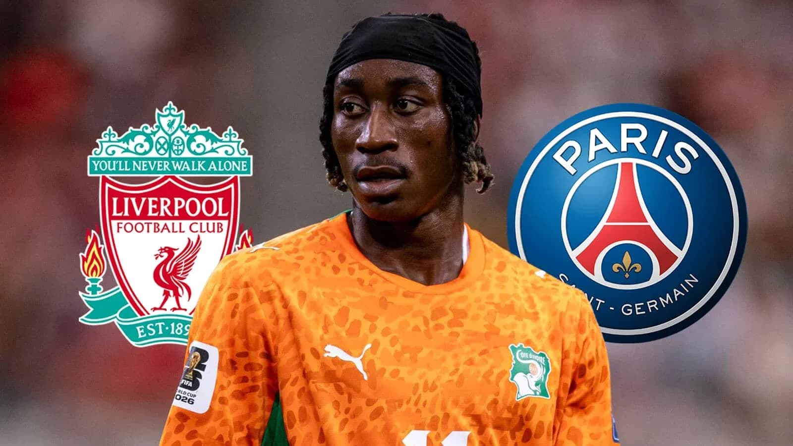 Jugador con camiseta de Costa de Marfil entre logos de Liverpool y PSG Jugador con camiseta de Costa de Marfil entre logos de Liverpool y PSG