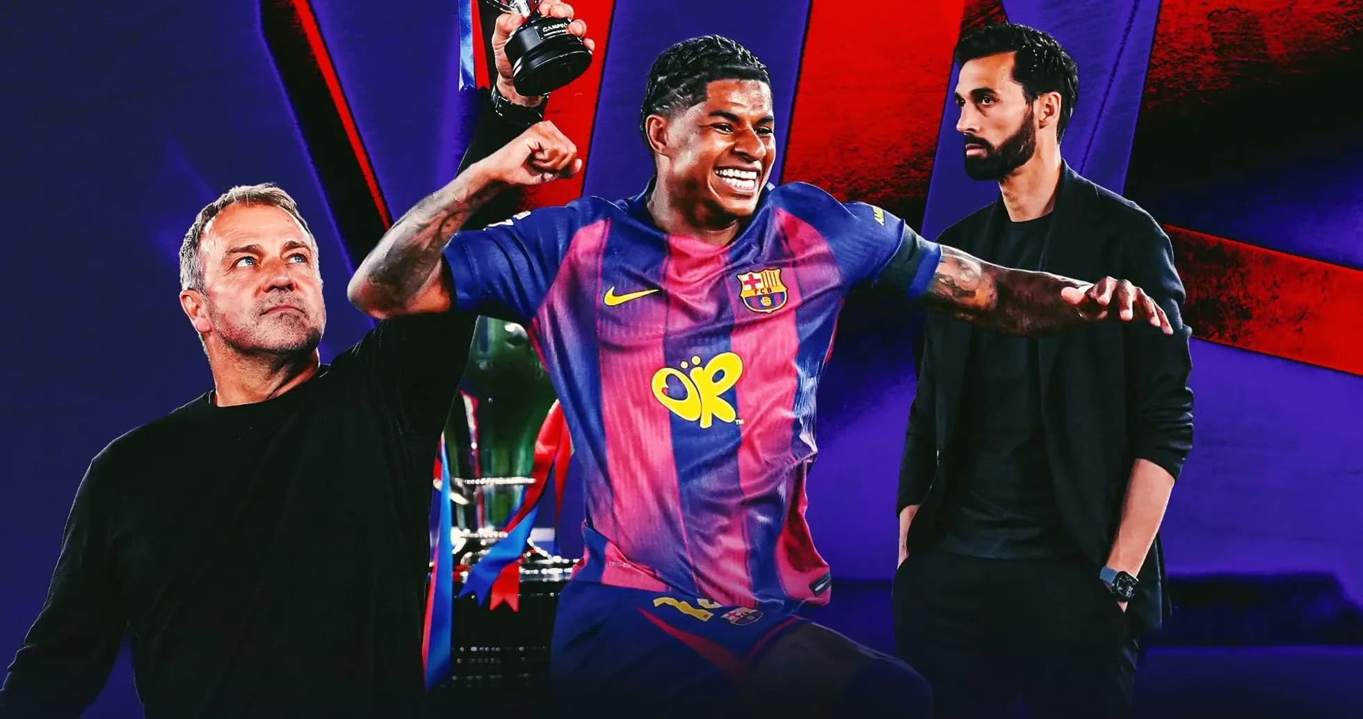 Jugador del Barcelona celebrando con trofeo junto a entrenadores Jugador del Barcelona celebrando con trofeo junto a entrenadores