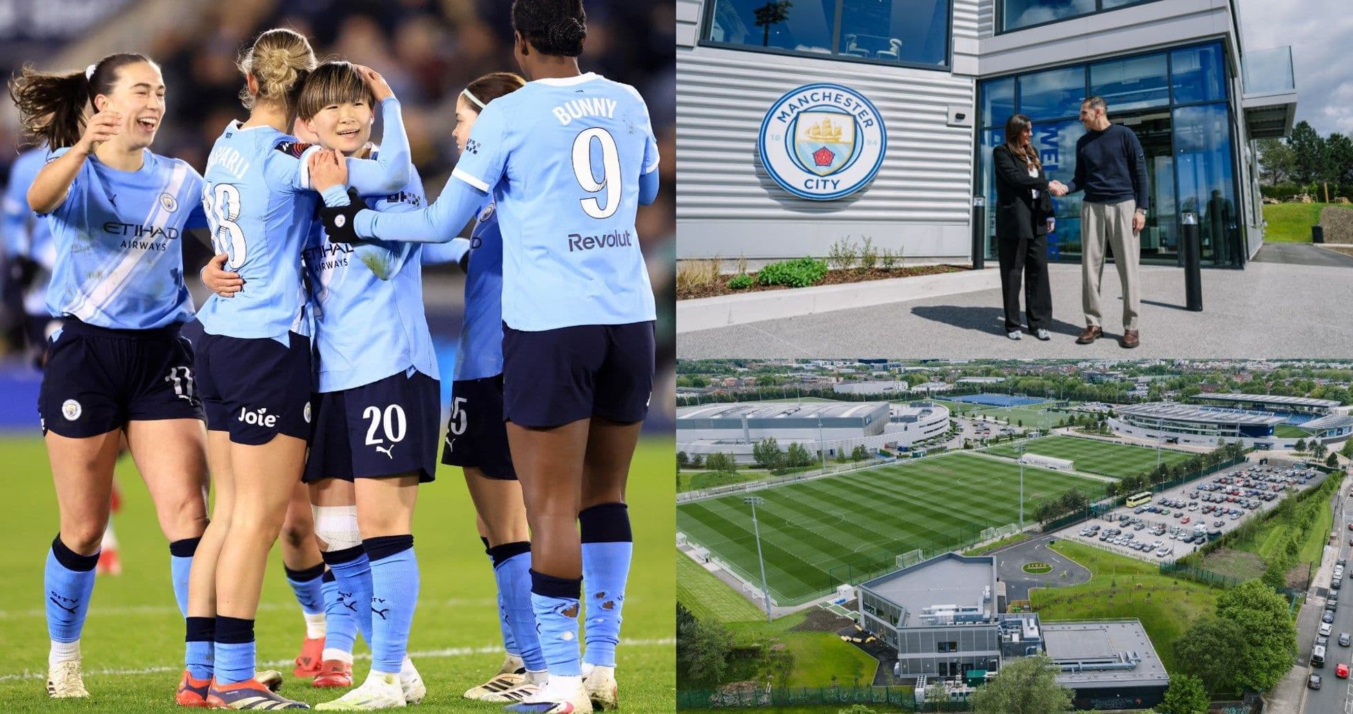 Jugadoras de Manchester City celebrando un gol y sede del club Jugadoras de Manchester City celebrando un gol y sede del club