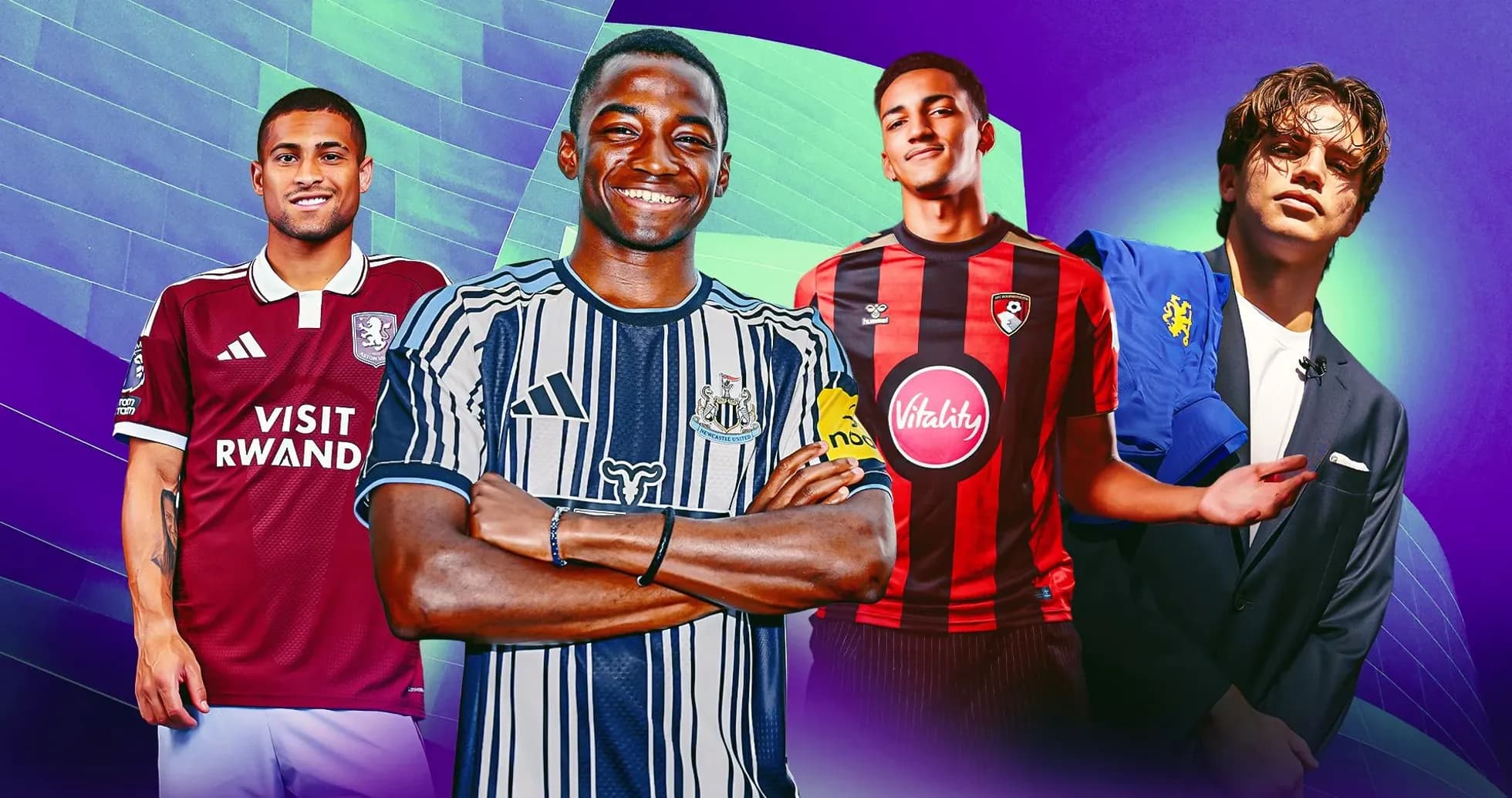 Cuatro futbolistas en camisetas de clubes diferentes Cuatro futbolistas en camisetas de clubes diferentes