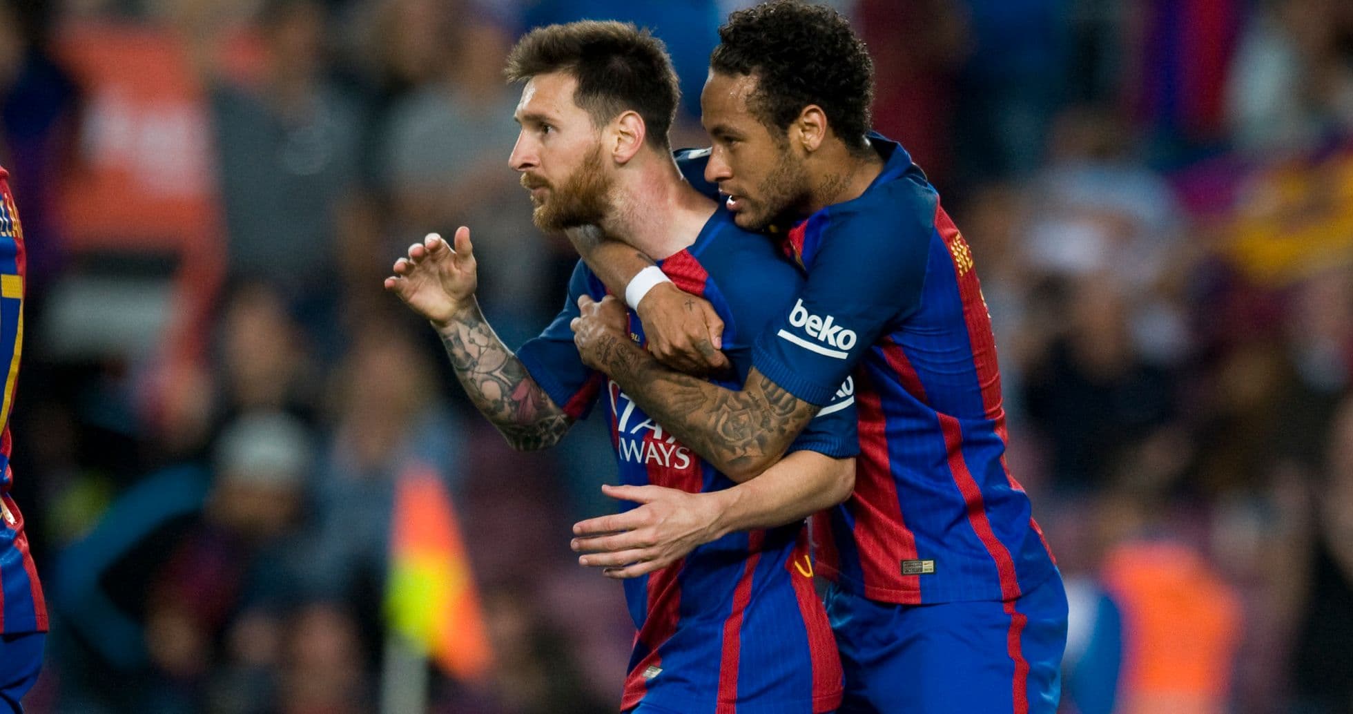 Lionel Messi y Neymar celebrando un gol en el partido Lionel Messi y Neymar celebrando un gol en el partido